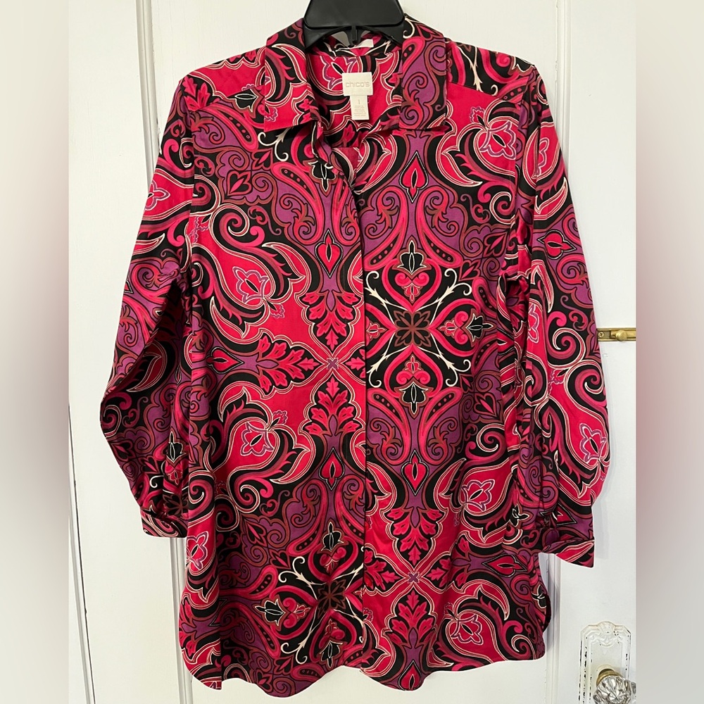 Chico’s button down in red, purple, and black, Chico’s size “1” =Size 8